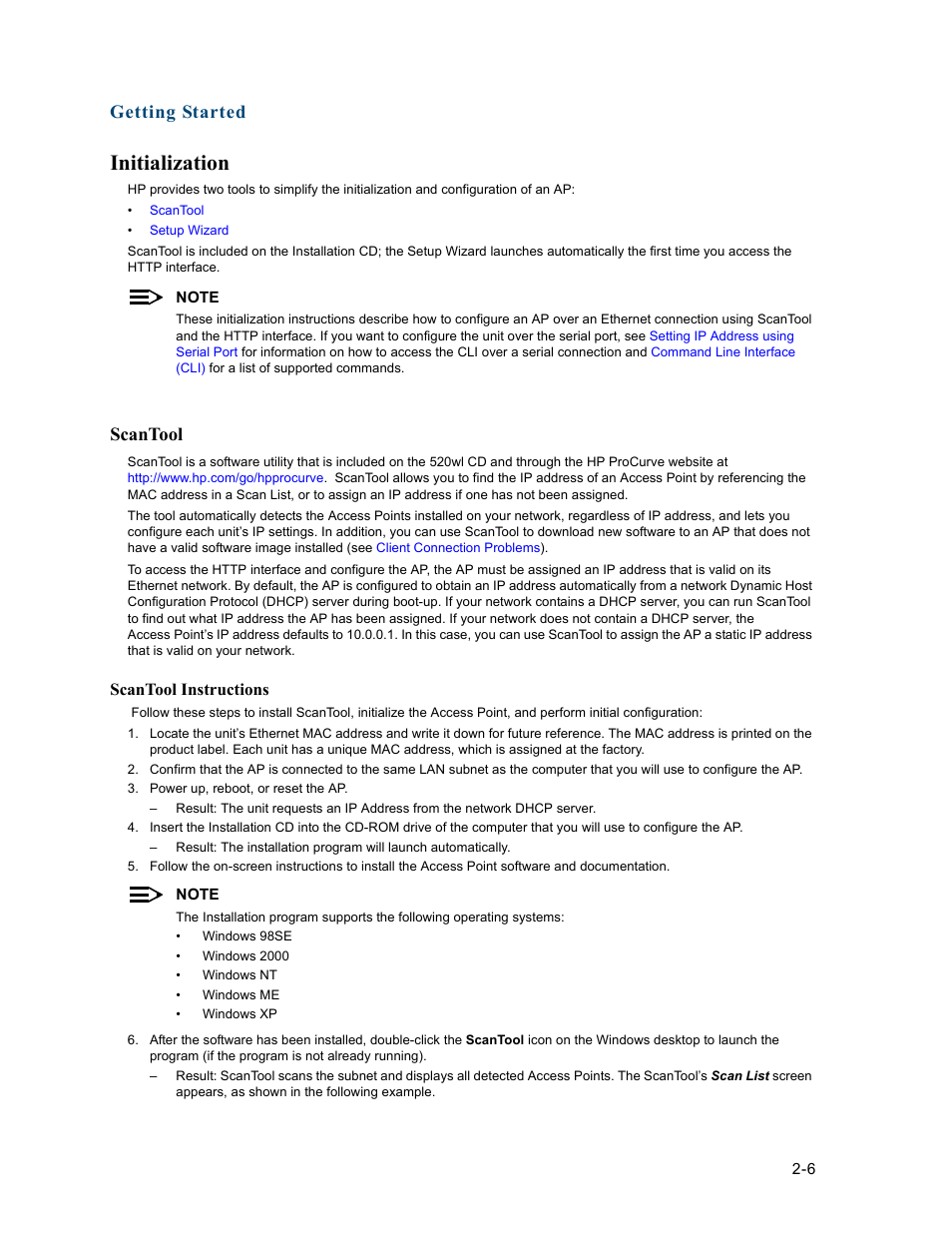 Initialization, Scantool, Initialization -6 | Scantool -6, Getting started | HP ProCurve 520wl Wireless Access Point User Manual | Page 32 / 191