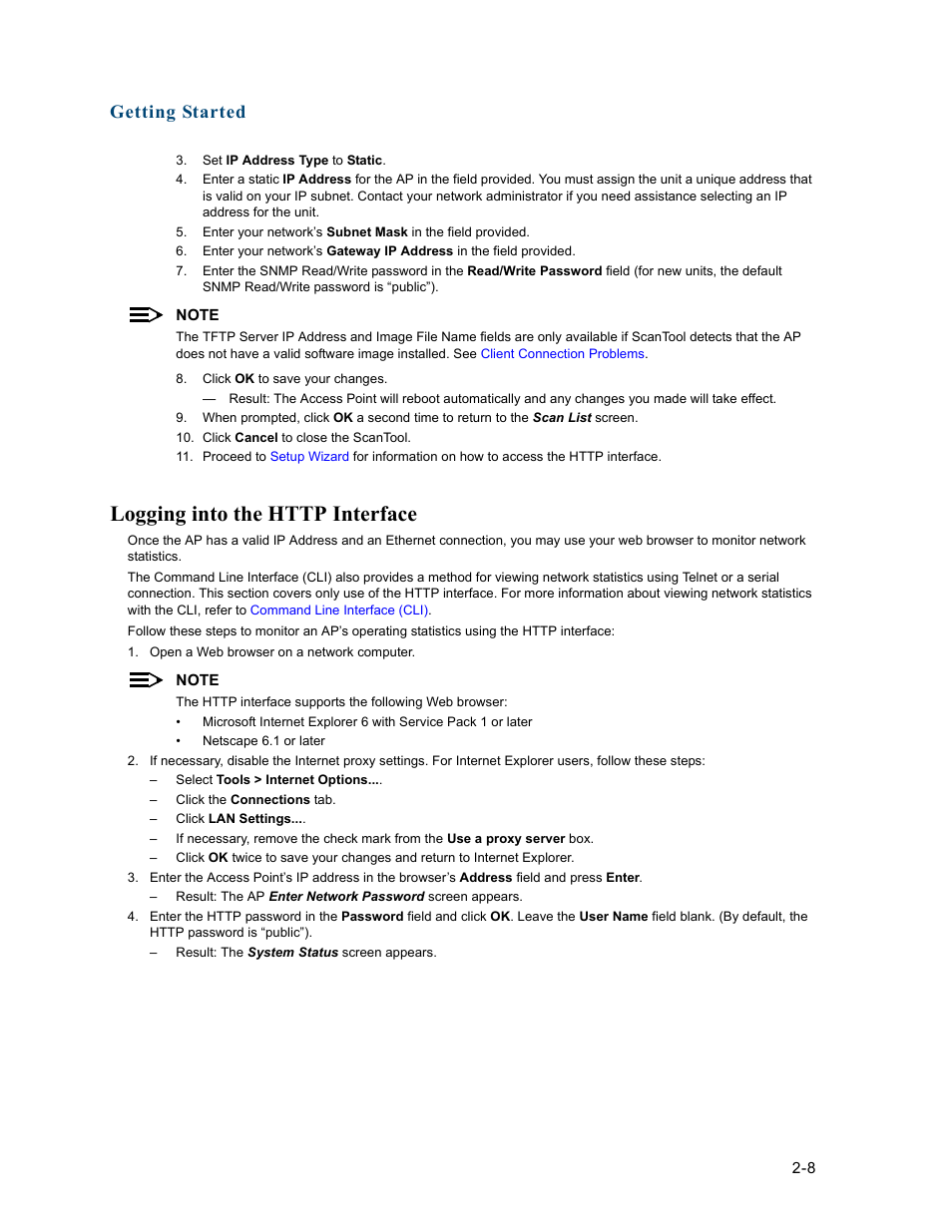 Logging into the http interface, Logging into the http interface -8, Getting started | HP ProCurve 520wl Wireless Access Point User Manual | Page 34 / 191