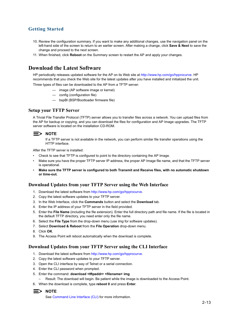 Download the latest software, Setup your tftp server, Download the latest software -13 | Setup your tftp server -13, Getting started | HP ProCurve 520wl Wireless Access Point User Manual | Page 39 / 191