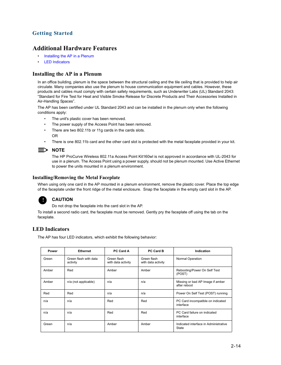 Additional hardware features, Installing the ap in a plenum, Led indicators | Additional hardware features -14, Installing the ap in a plenum -14, Led indicators -14, Getting started, Installing/removing the metal faceplate | HP ProCurve 520wl Wireless Access Point User Manual | Page 40 / 191