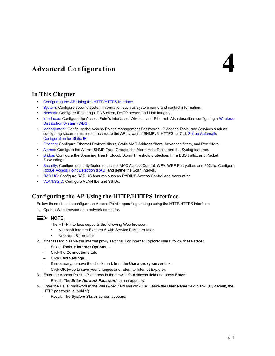 Advanced configuration, In this chapter, Configuring the ap using the http/https interface | 4 advanced configuration | HP ProCurve 520wl Wireless Access Point User Manual | Page 43 / 191