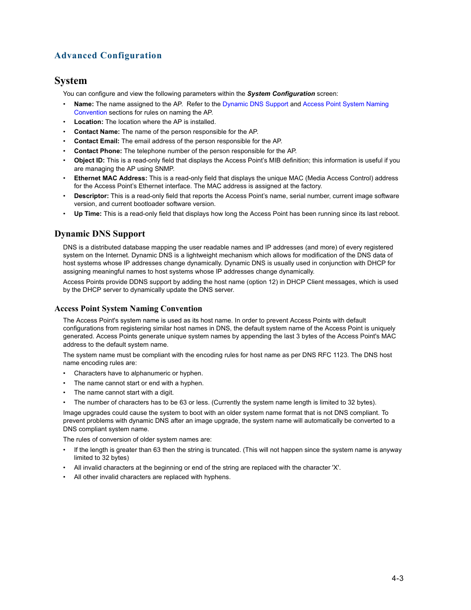 System, Dynamic dns support, System -3 | Dynamic dns support -3, Configu, Advanced configuration | HP ProCurve 520wl Wireless Access Point User Manual | Page 45 / 191