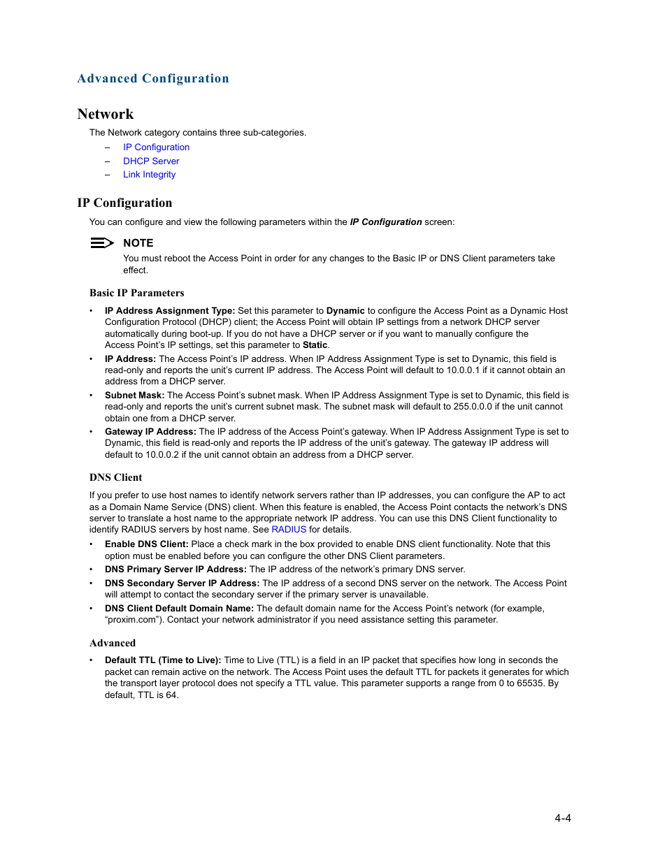 Network, Ip configuration, Network -4 | Ip configuration -4, Basic ip, Parameters, Advanced configuration | HP ProCurve 520wl Wireless Access Point User Manual | Page 46 / 191