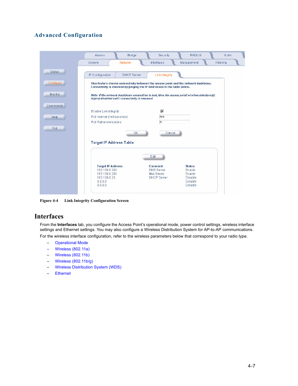 Interfaces, Interfaces -7, Advanced configuration | HP ProCurve 520wl Wireless Access Point User Manual | Page 49 / 191