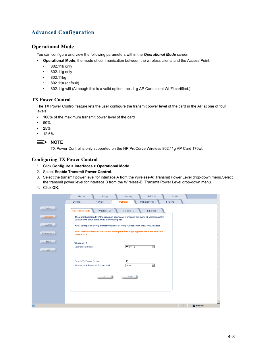 Operational mode, Operational mode -8, Advanced configuration operational mode | HP ProCurve 520wl Wireless Access Point User Manual | Page 50 / 191