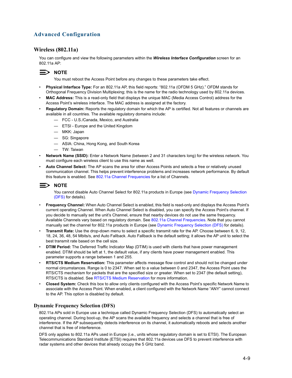 Wireless (802.11a), Wireless (802.11a) -9, In europe (see | Dynamic frequency selection (dfs), Wireless, 11a) | HP ProCurve 520wl Wireless Access Point User Manual | Page 51 / 191