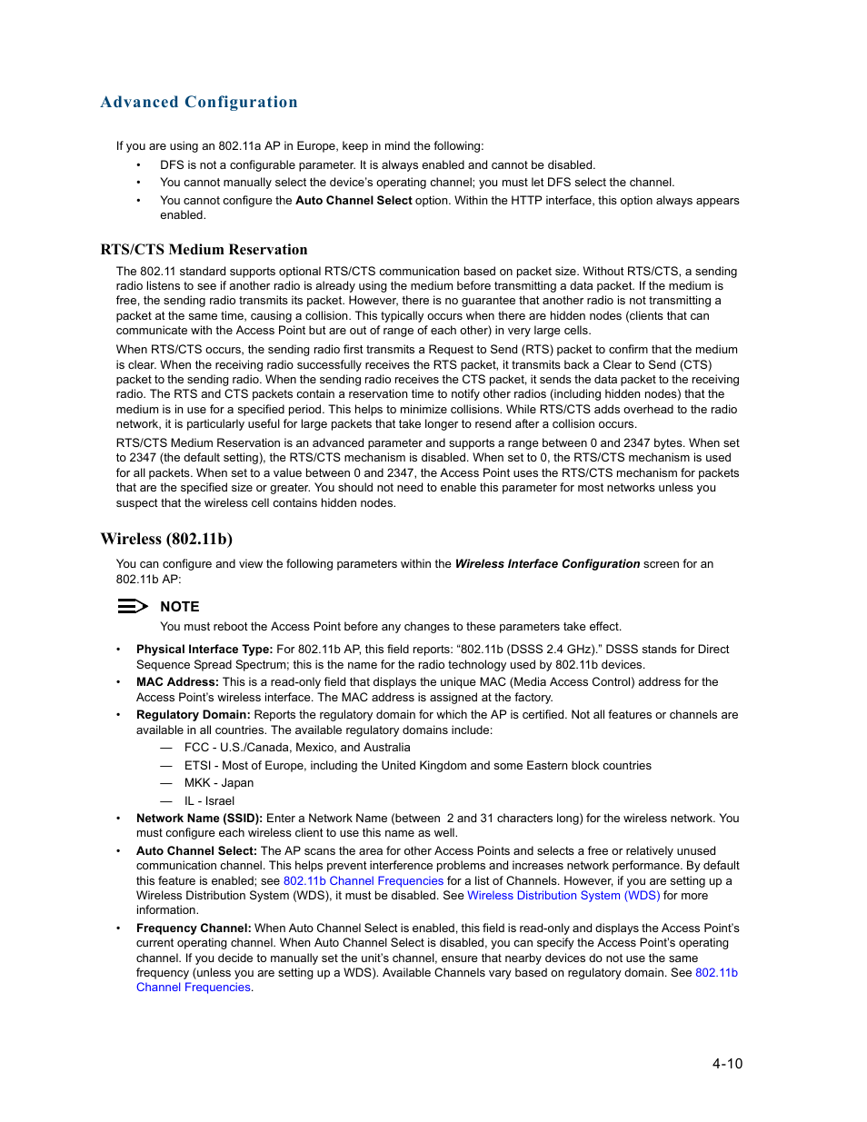 Wireless (802.11b), Wireless (802.11b) -10, Rts/cts medium reservation | Advanced configuration | HP ProCurve 520wl Wireless Access Point User Manual | Page 52 / 191