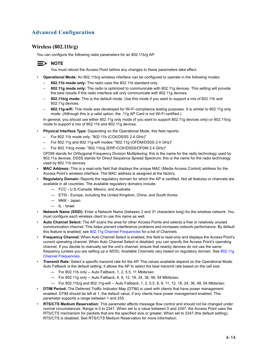 Wireless (802.11b/g), Wireless (802.11b/g) -14 | HP ProCurve 520wl Wireless Access Point User Manual | Page 56 / 191