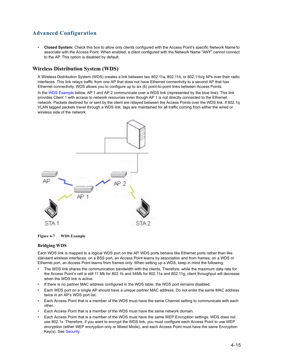 Wireless distribution system (wds), Wireless distribution system (wds) -15, Wireless | Distribution system (wds), Advanced configuration | HP ProCurve 520wl Wireless Access Point User Manual | Page 57 / 191