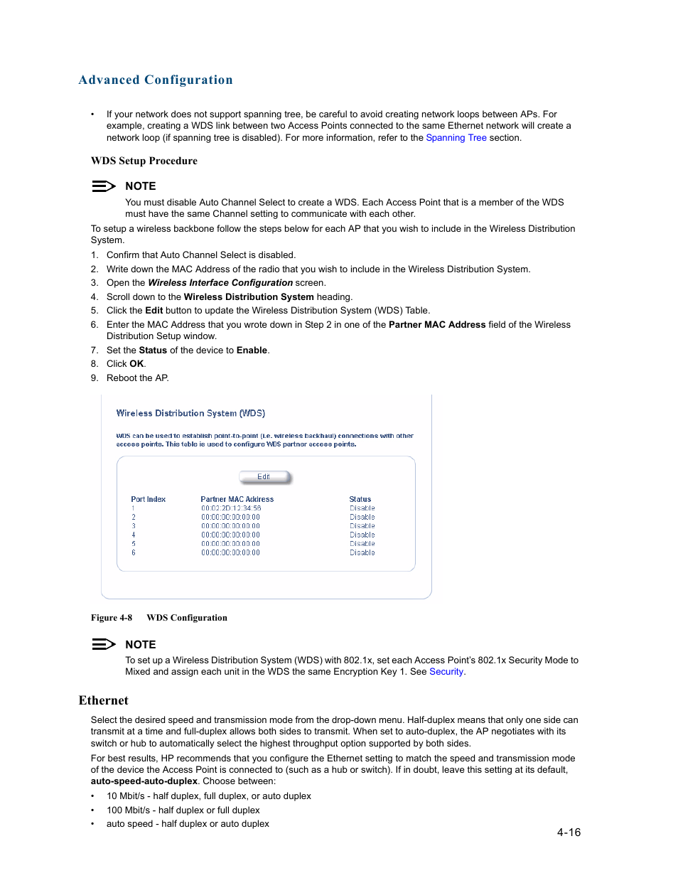 Ethernet, Ethernet -16, Advanced configuration | HP ProCurve 520wl Wireless Access Point User Manual | Page 58 / 191