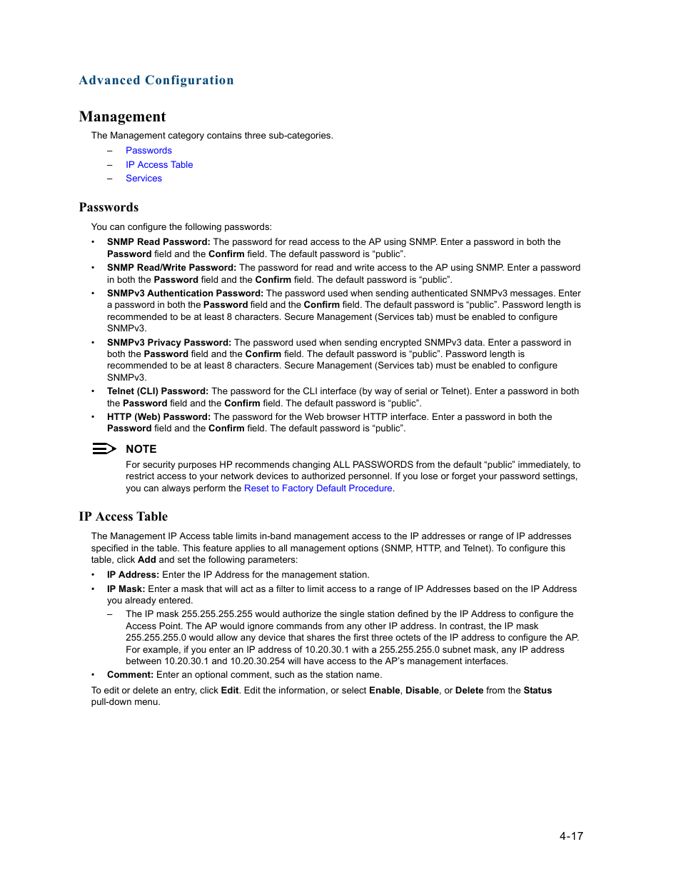 Management, Passwords, Ip access table | Management -17, Passwords -17, Ip access table -17, Advanced configuration | HP ProCurve 520wl Wireless Access Point User Manual | Page 59 / 191