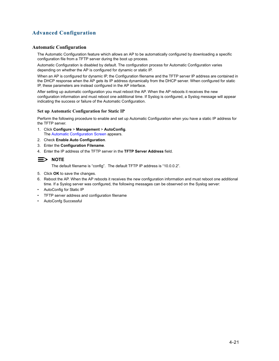 Https, or cli, Set up automatic, Configuration for static ip | Advanced configuration | HP ProCurve 520wl Wireless Access Point User Manual | Page 63 / 191