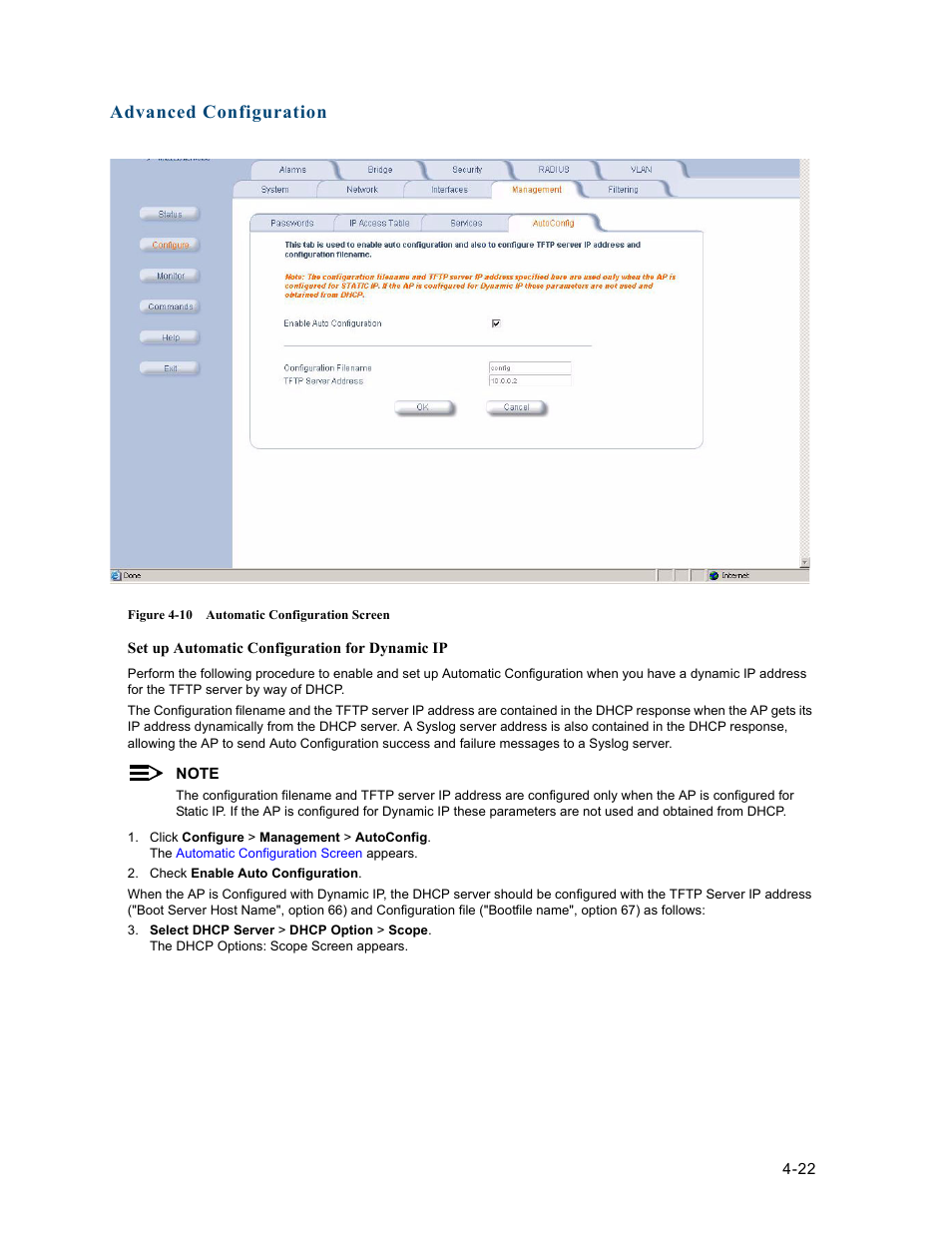 Advanced configuration | HP ProCurve 520wl Wireless Access Point User Manual | Page 64 / 191