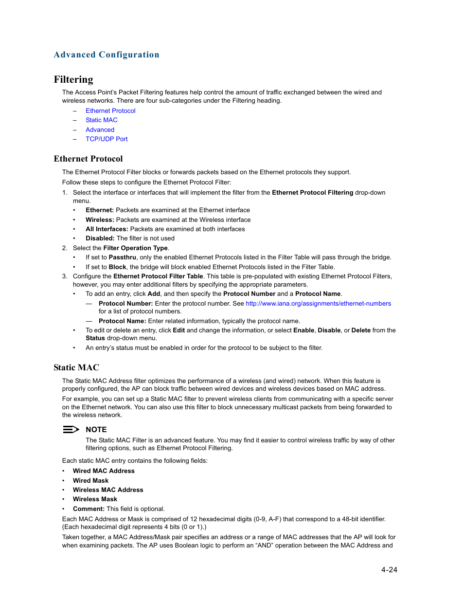 Filtering, Ethernet protocol, Static mac | Filtering -24, Ethernet protocol -24, Static mac -24, Advanced configuration | HP ProCurve 520wl Wireless Access Point User Manual | Page 66 / 191