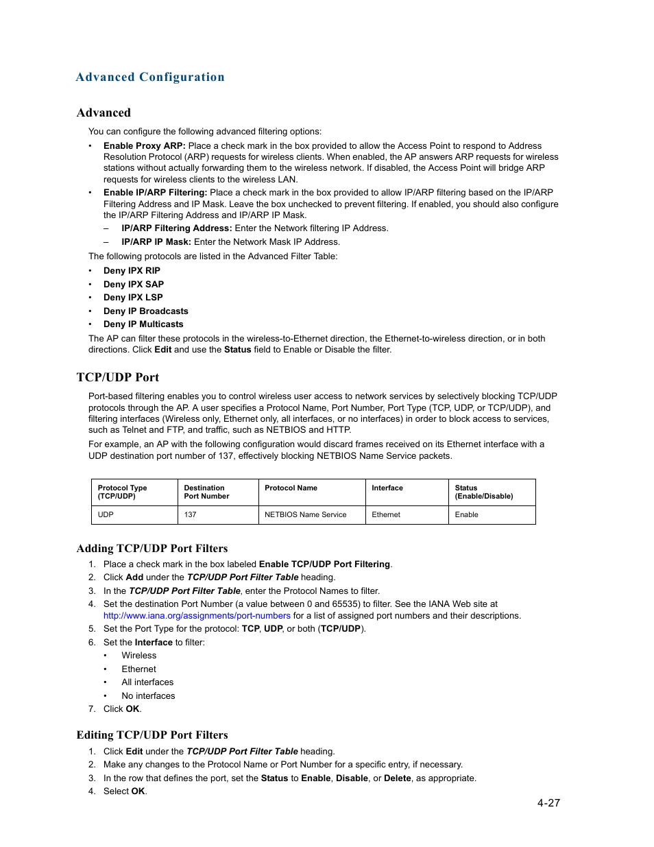 Advanced, Tcp/udp port, Advanced -27 | Tcp/udp port -27, Advanced configuration advanced, Adding tcp/udp port filters, Editing tcp/udp port filters | HP ProCurve 520wl Wireless Access Point User Manual | Page 69 / 191