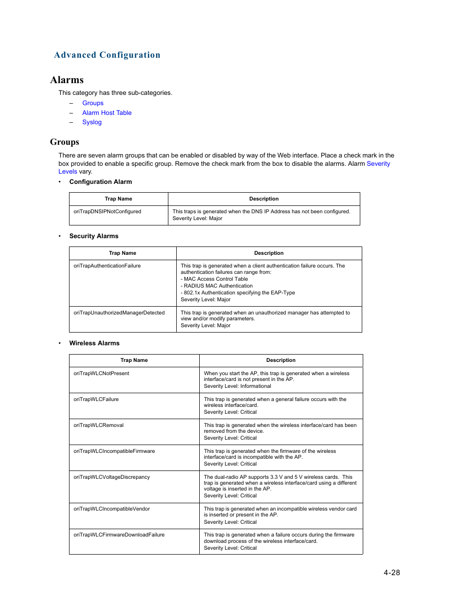 Alarms, Groups, Alarms -28 | Groups -28, Advanced configuration | HP ProCurve 520wl Wireless Access Point User Manual | Page 70 / 191