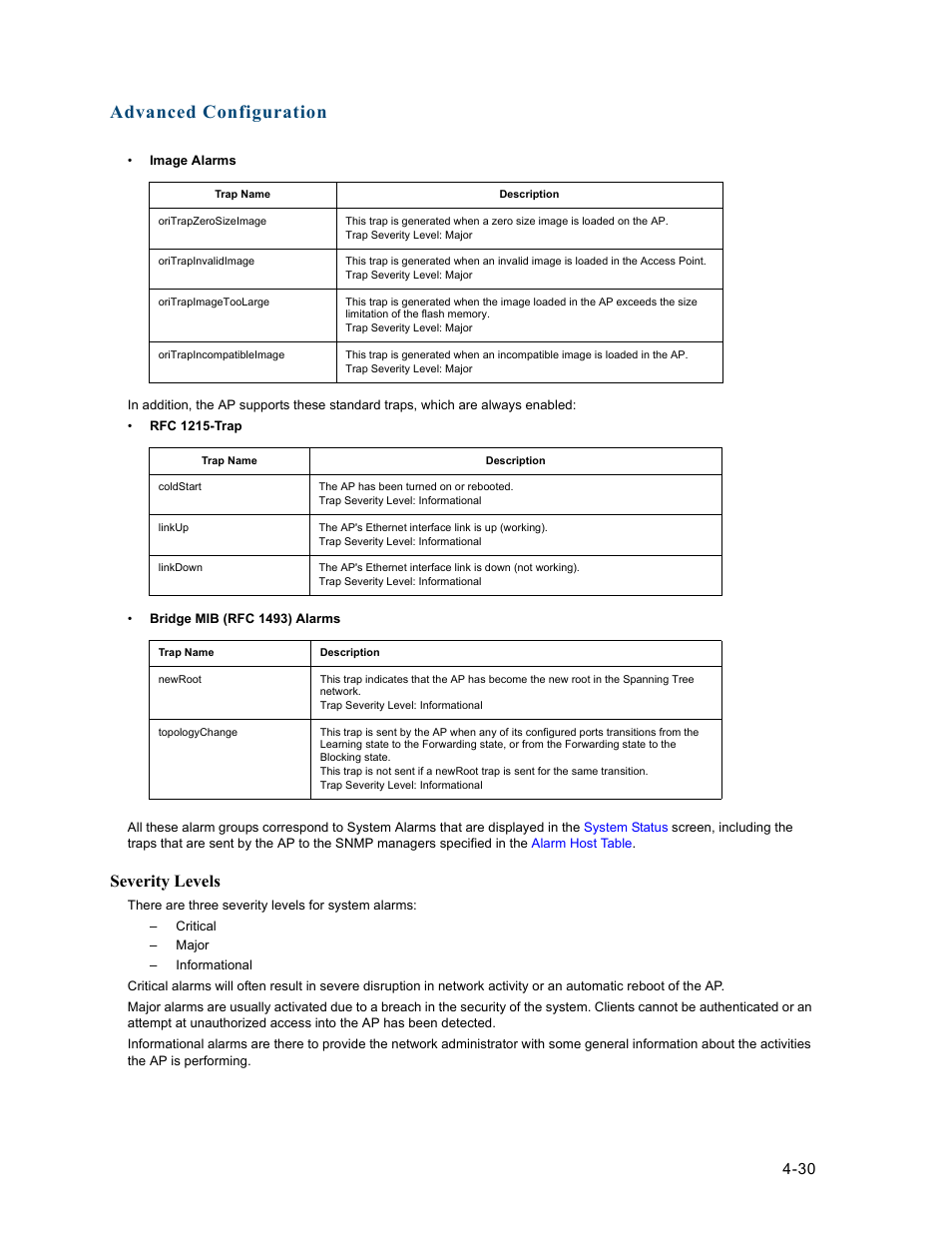 Severity, Levels, Advanced configuration | Severity levels | HP ProCurve 520wl Wireless Access Point User Manual | Page 72 / 191