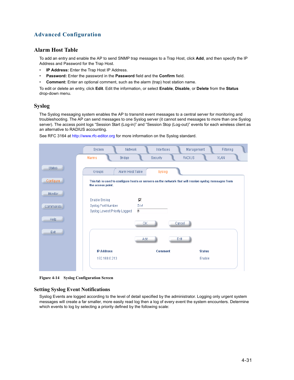 Alarm host table, Syslog, Alarm host table -31 | Syslog -31 | HP ProCurve 520wl Wireless Access Point User Manual | Page 73 / 191