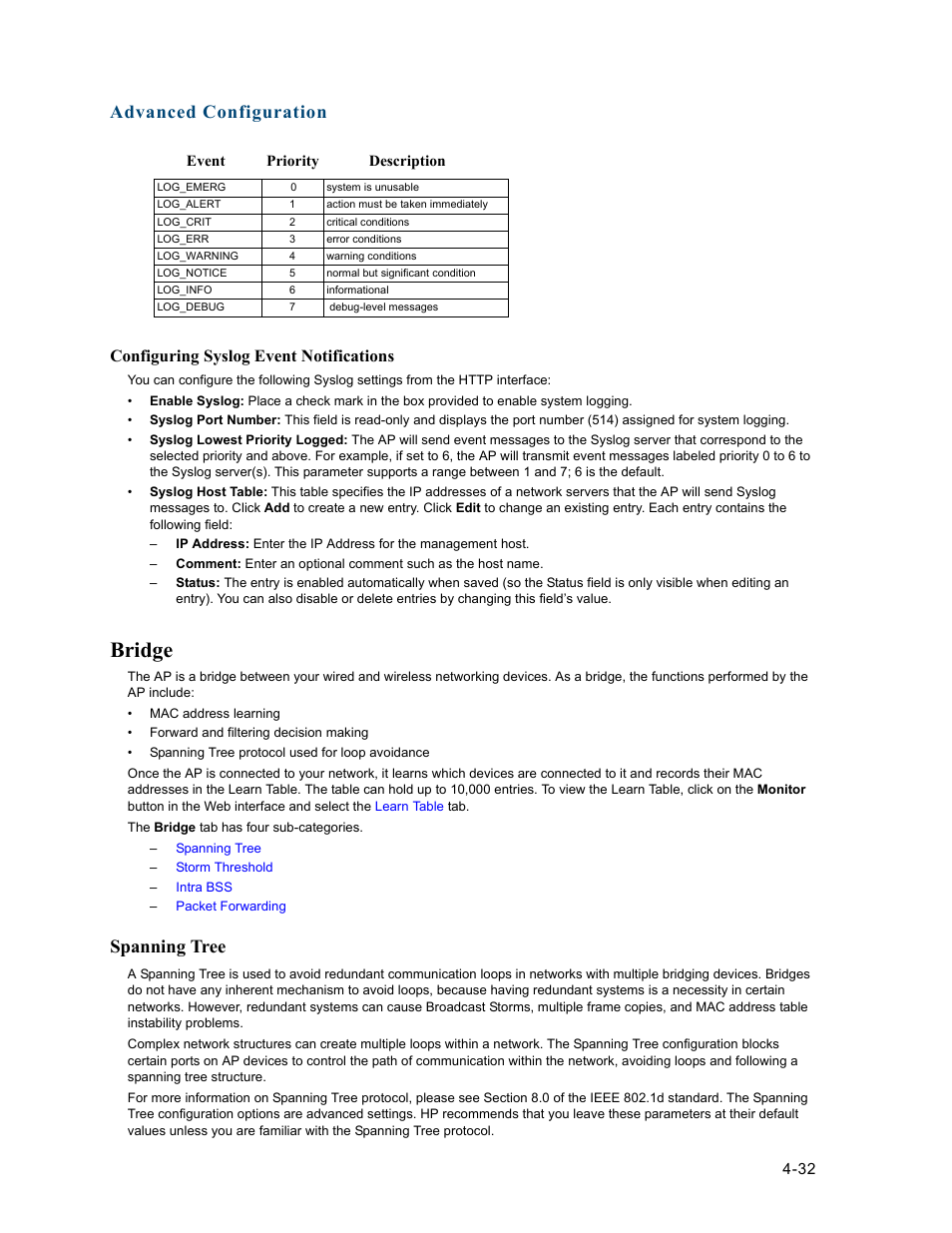 Bridge, Spanning tree, Bridge -32 | Spanning tree -32, Advanced configuration, Configuring syslog event notifications | HP ProCurve 520wl Wireless Access Point User Manual | Page 74 / 191