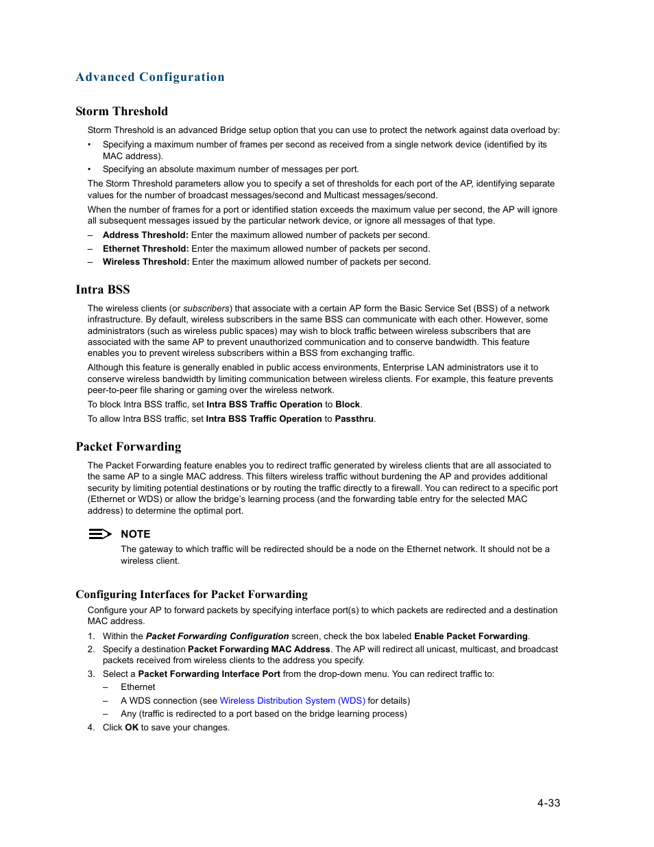 Storm threshold, Intra bss, Packet forwarding | Storm threshold -33, Intra bss -33, Packet forwarding -33, Advanced configuration storm threshold | HP ProCurve 520wl Wireless Access Point User Manual | Page 75 / 191