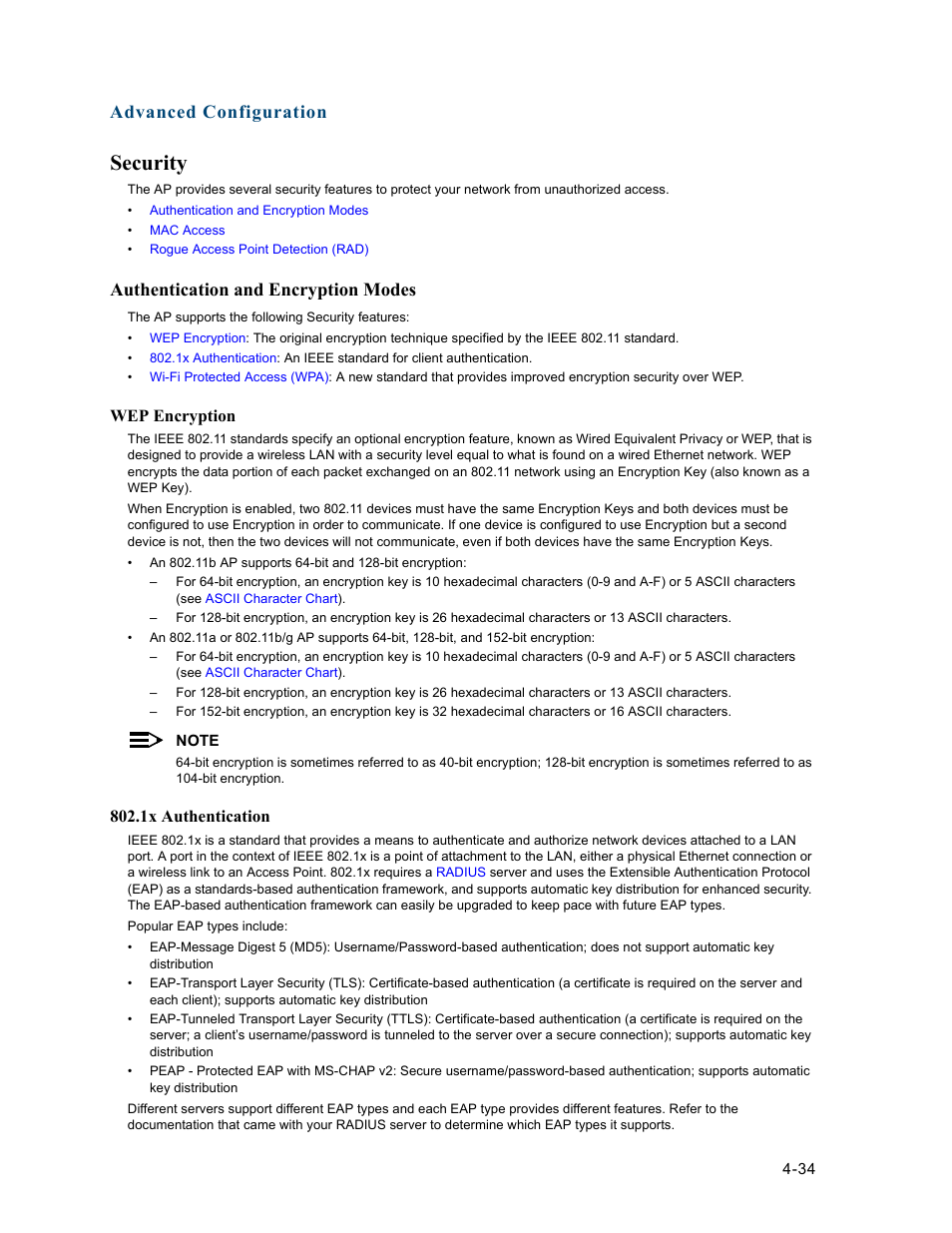 Security, Authentication and encryption modes, Security -34 | Authentication and encryption modes -34, Encryption, S. see, Advanced configuration | HP ProCurve 520wl Wireless Access Point User Manual | Page 76 / 191