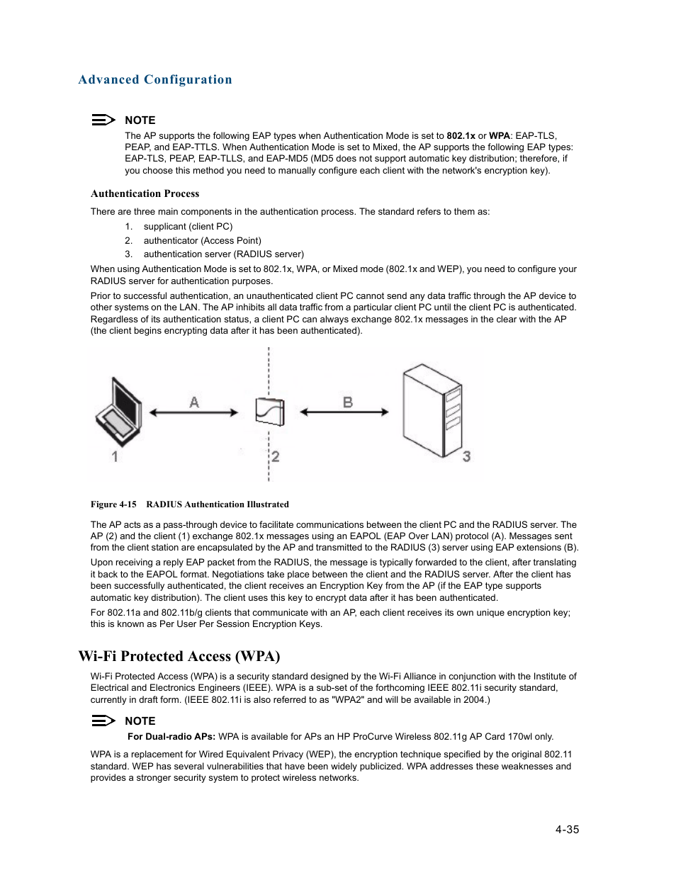 Wi-fi protected access (wpa), Advanced configuration | HP ProCurve 520wl Wireless Access Point User Manual | Page 77 / 191