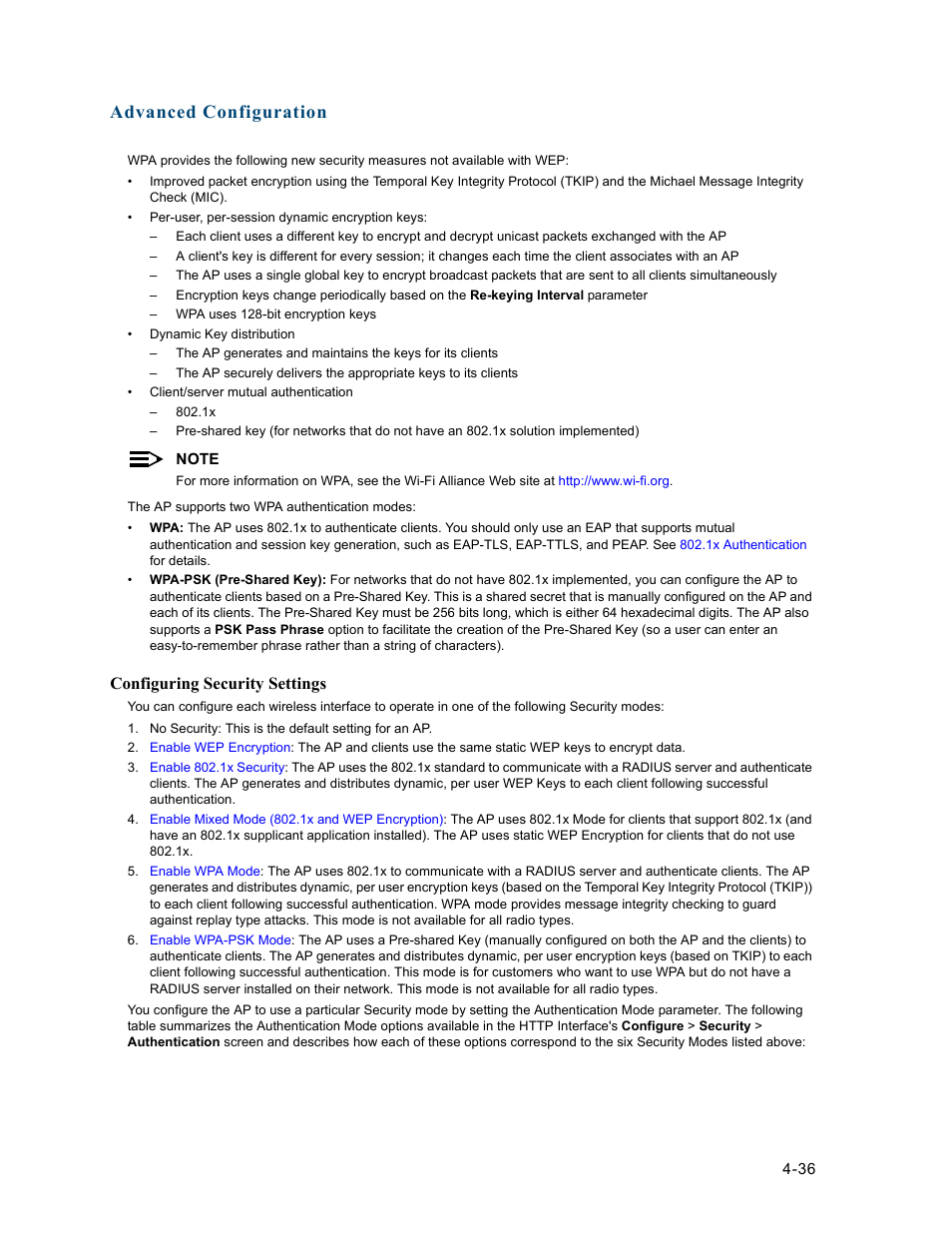 Advanced configuration, Configuring security settings | HP ProCurve 520wl Wireless Access Point User Manual | Page 78 / 191