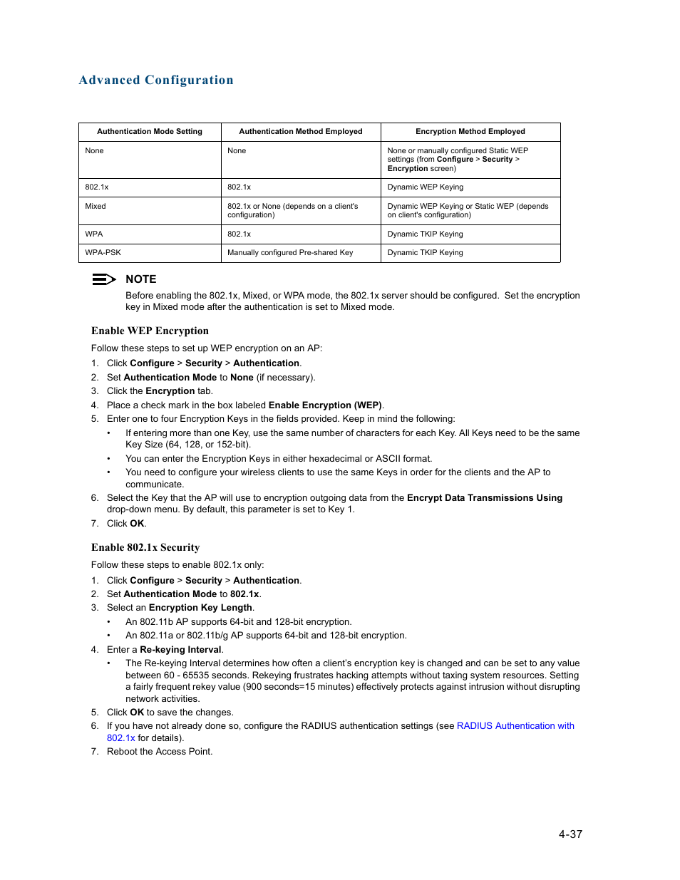 Enable wep encryption, Enable 802.1x security, Advanced configuration | HP ProCurve 520wl Wireless Access Point User Manual | Page 79 / 191