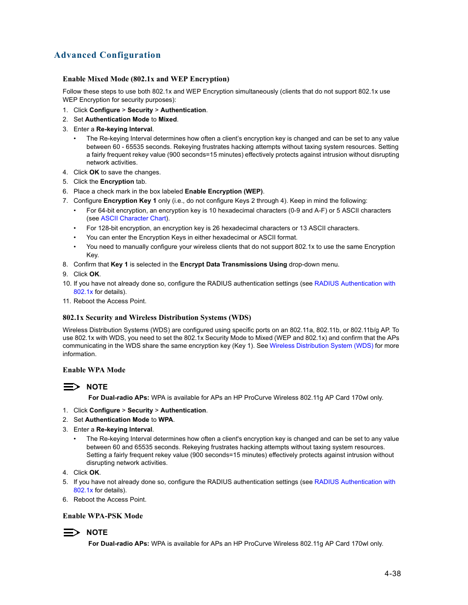 Enable mixed mode (802.1x and wep encryption), Enable wpa mode, Enable wpa-psk mode | Advanced configuration | HP ProCurve 520wl Wireless Access Point User Manual | Page 80 / 191