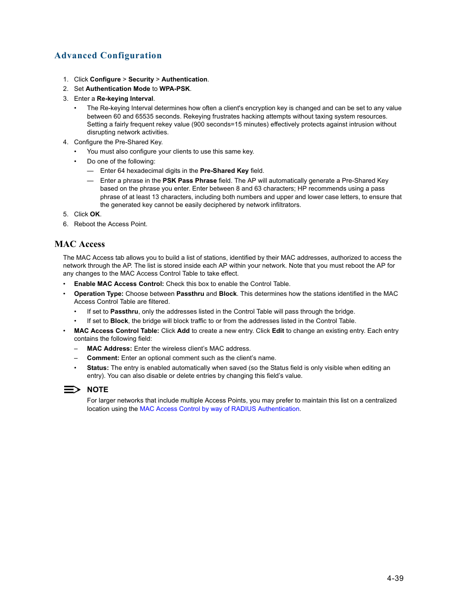 Mac access, Mac access -39, Advanced configuration | HP ProCurve 520wl Wireless Access Point User Manual | Page 81 / 191