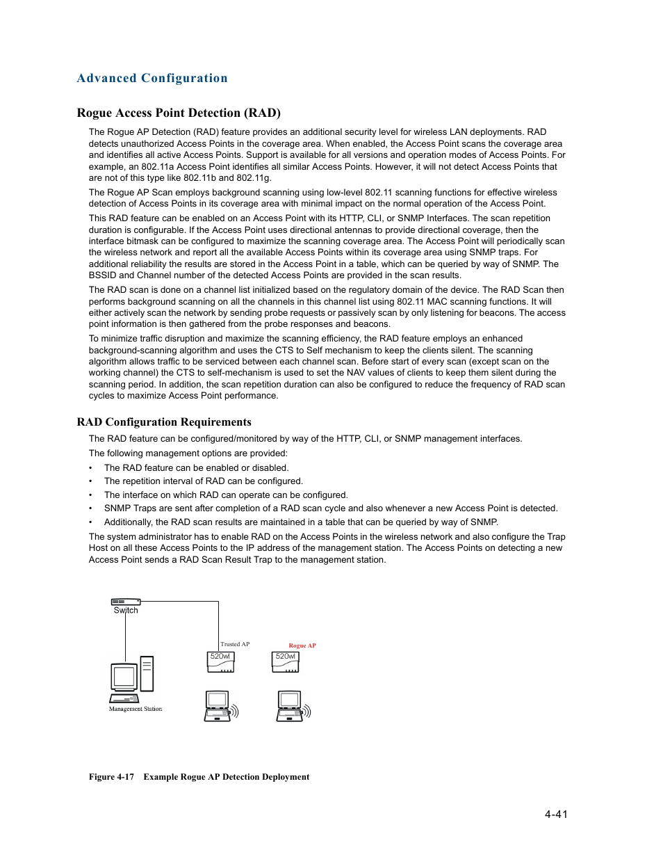 Rogue access point detection (rad), Rogue access point detection (rad) -41, Rad configuration requirements | HP ProCurve 520wl Wireless Access Point User Manual | Page 83 / 191