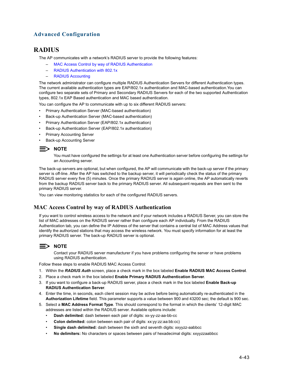 Radius, Mac access control by way of radius authentication, Radius -43 | Res a, Server and, Advanced configuration | HP ProCurve 520wl Wireless Access Point User Manual | Page 85 / 191