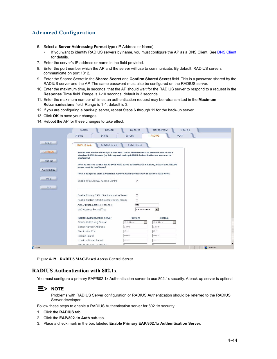 Radius authentication with 802.1x, Radius authentication with 802.1x -44, Ngs (see | Radius authentication with, Advanced configuration | HP ProCurve 520wl Wireless Access Point User Manual | Page 86 / 191