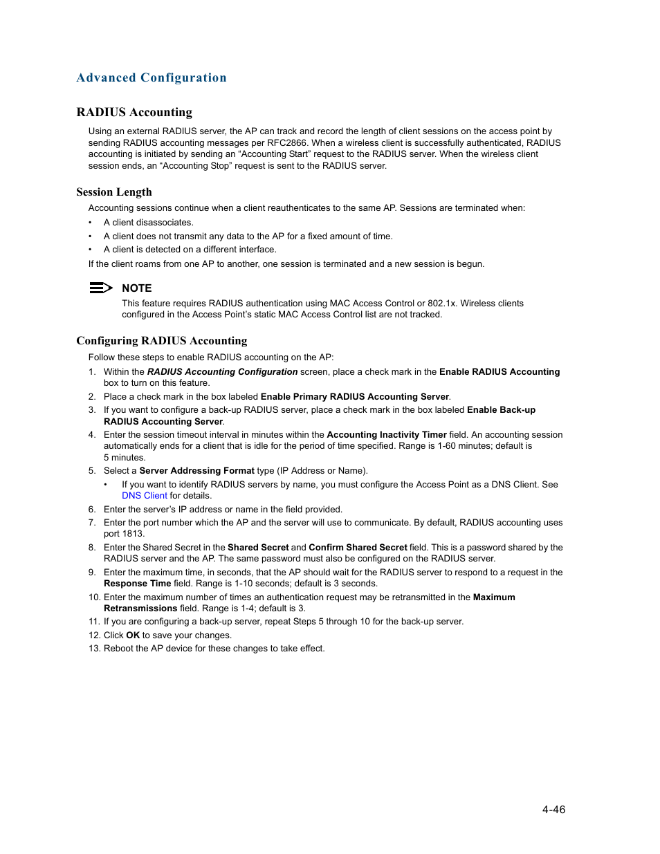 Radius accounting, Radius accounting -46, Advanced configuration radius accounting | HP ProCurve 520wl Wireless Access Point User Manual | Page 88 / 191
