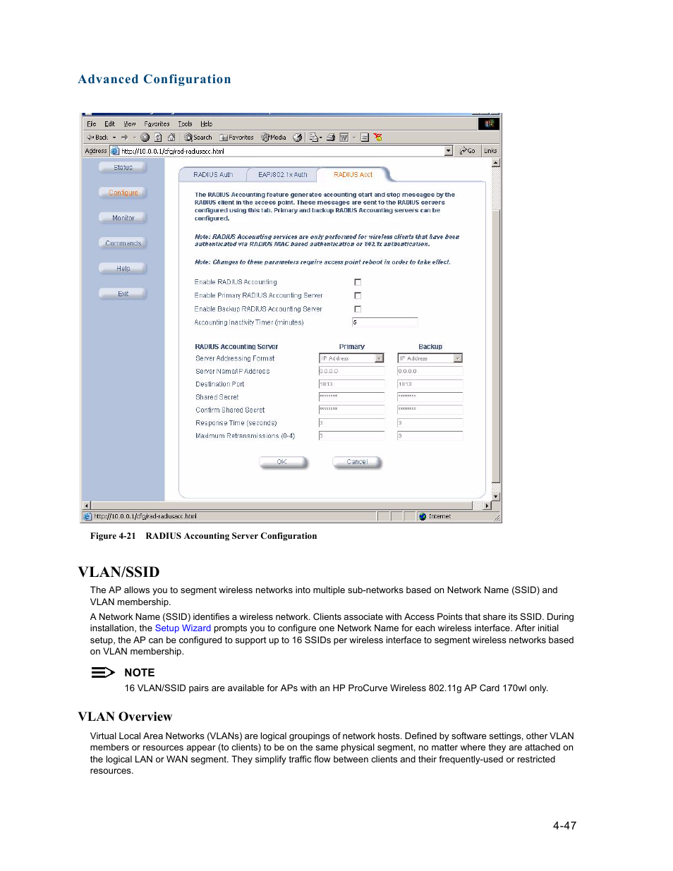 Vlan/ssid, Vlan overview, Vlan/ssid -47 | Vlan overview -47, Conf | HP ProCurve 520wl Wireless Access Point User Manual | Page 89 / 191