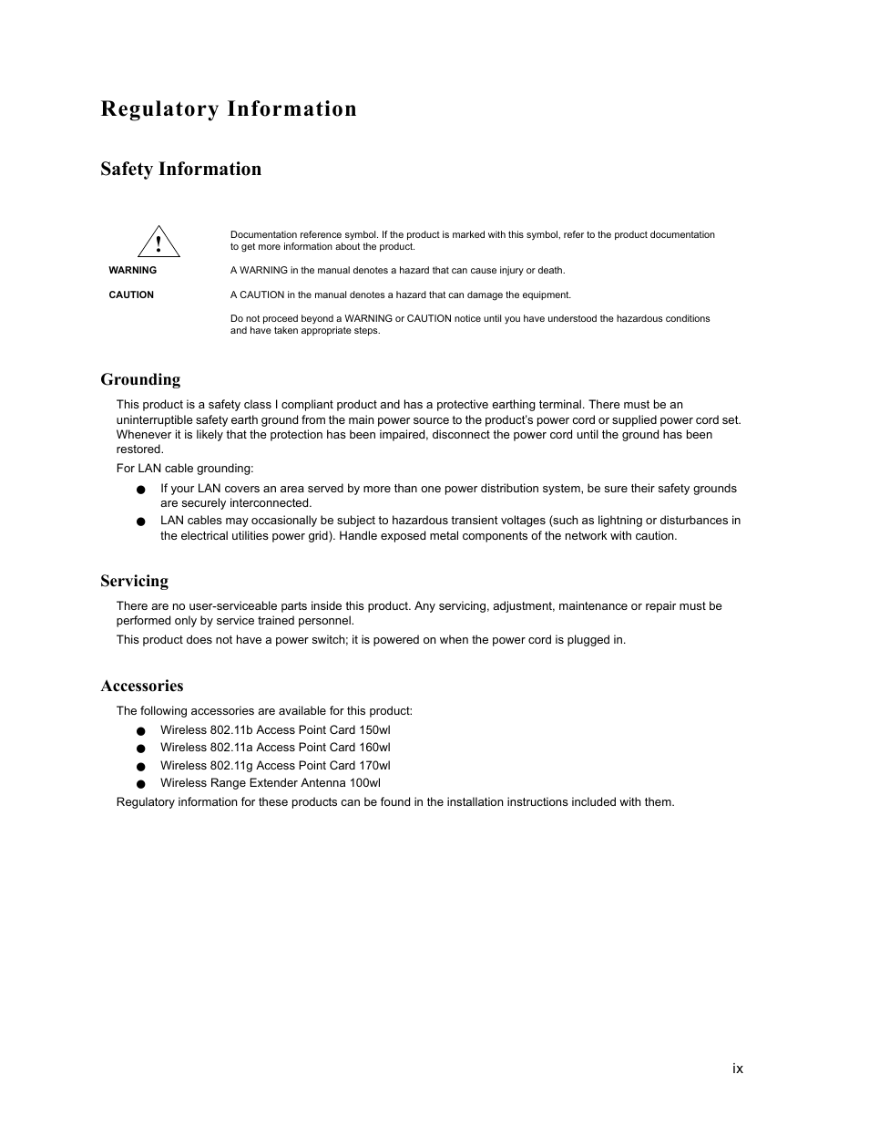 Regulatory information, Safety information, Grounding | Servicing, Accessories | HP ProCurve 520wl Wireless Access Point User Manual | Page 9 / 191