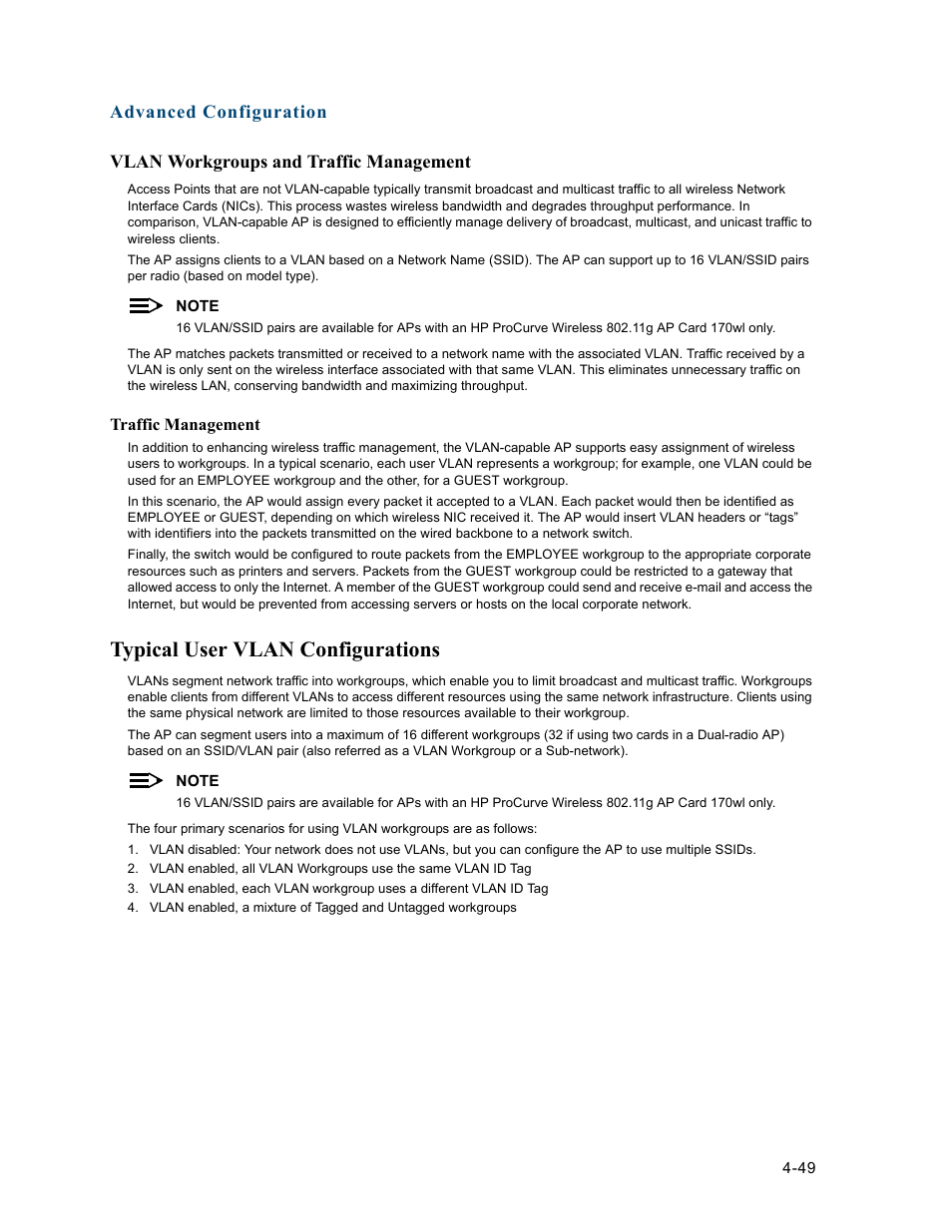 Vlan workgroups and traffic management, Typical user vlan configurations, Vlan workgroups and traffic management -49 | Typical user vlan configurations -49 | HP ProCurve 520wl Wireless Access Point User Manual | Page 91 / 191