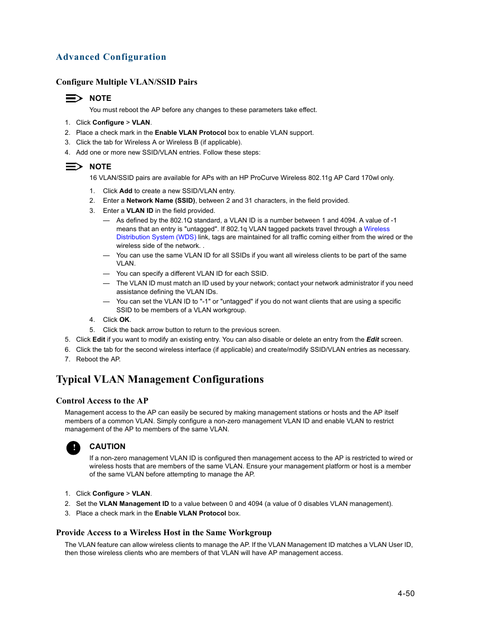 Typical vlan management configurations, Typical vlan management configurations -50, Advanced configuration | HP ProCurve 520wl Wireless Access Point User Manual | Page 92 / 191