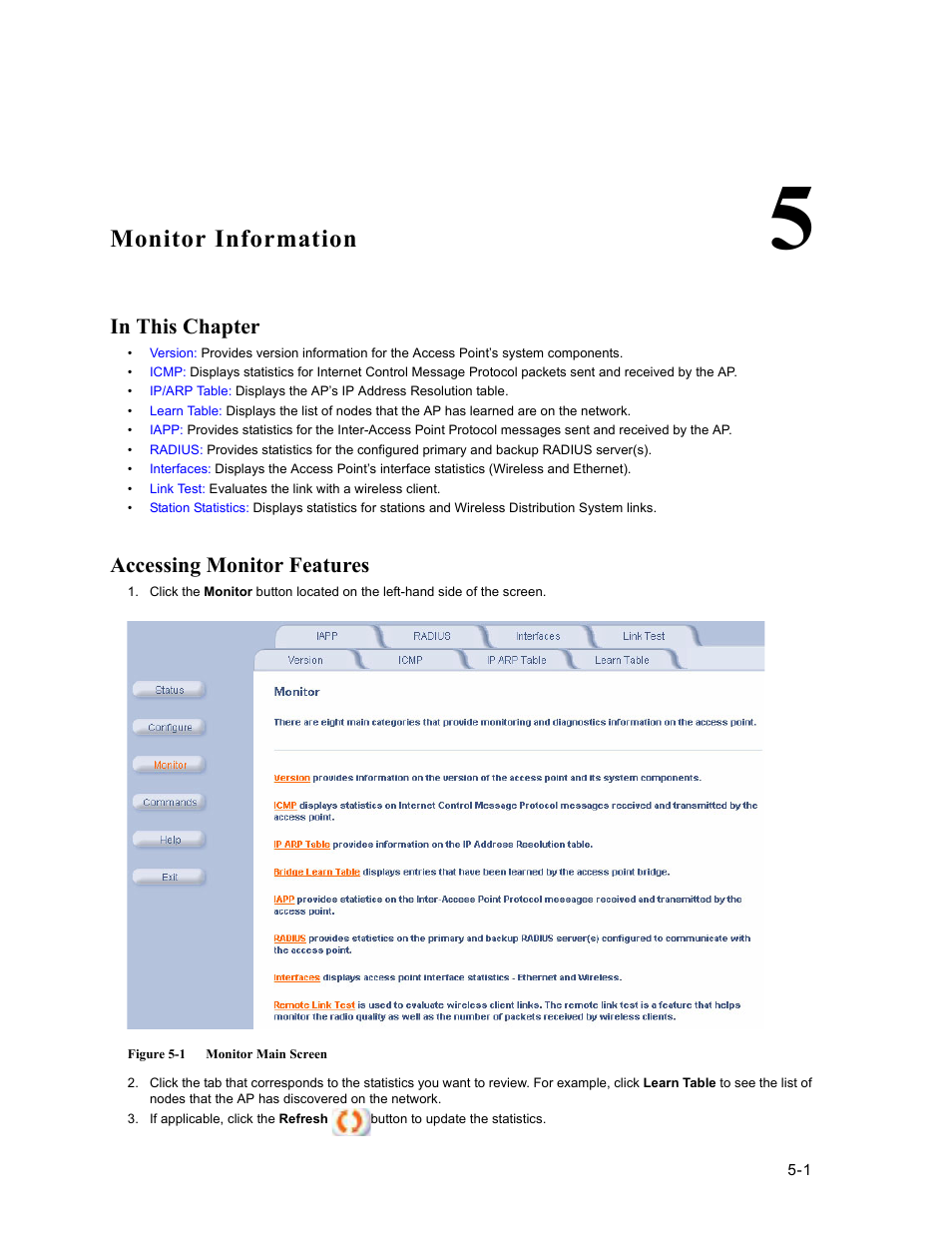 Monitor information, In this chapter, Accessing monitor features | 5 monitor information, Accessing monitor features -1 | HP ProCurve 520wl Wireless Access Point User Manual | Page 94 / 191