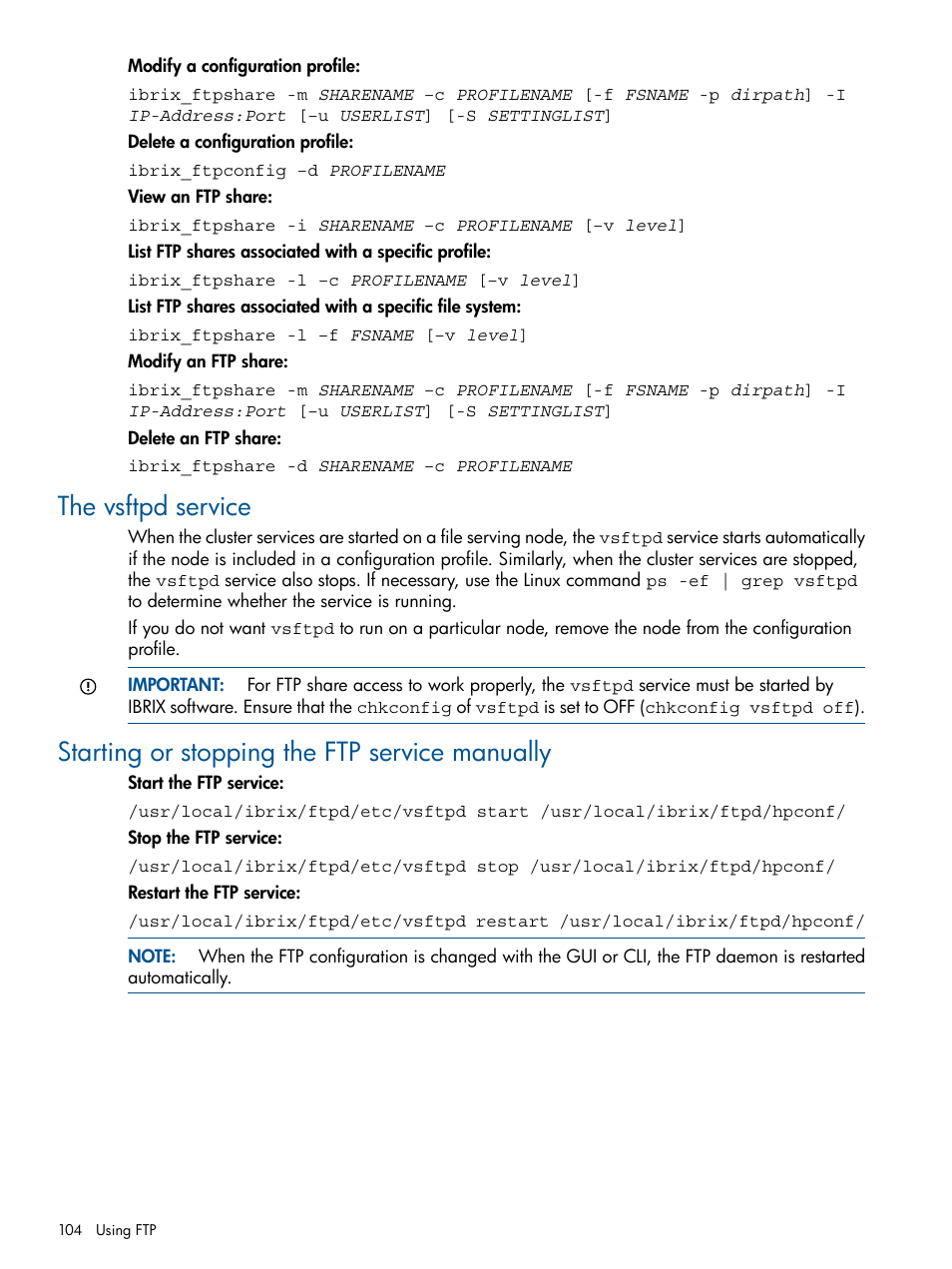 The vsftpd service, Starting or stopping the ftp service manually | HP StoreAll Storage User Manual | Page 104 / 254