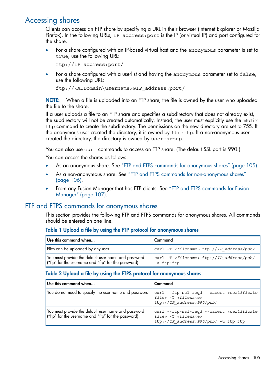 Accessing shares, Ftp and ftps commands for anonymous shares | HP StoreAll Storage User Manual | Page 105 / 254