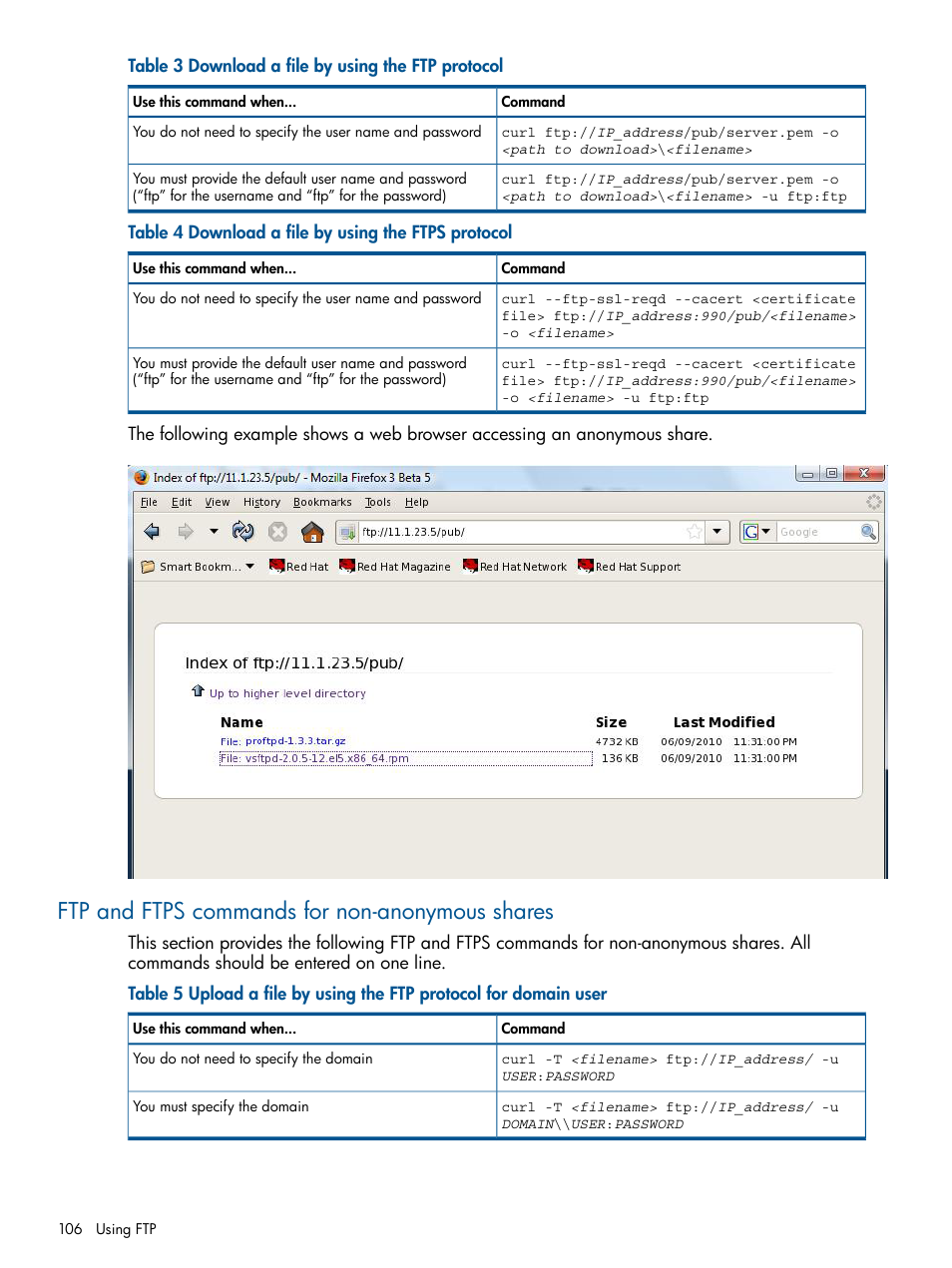 Ftp and ftps commands for non-anonymous shares | HP StoreAll Storage User Manual | Page 106 / 254
