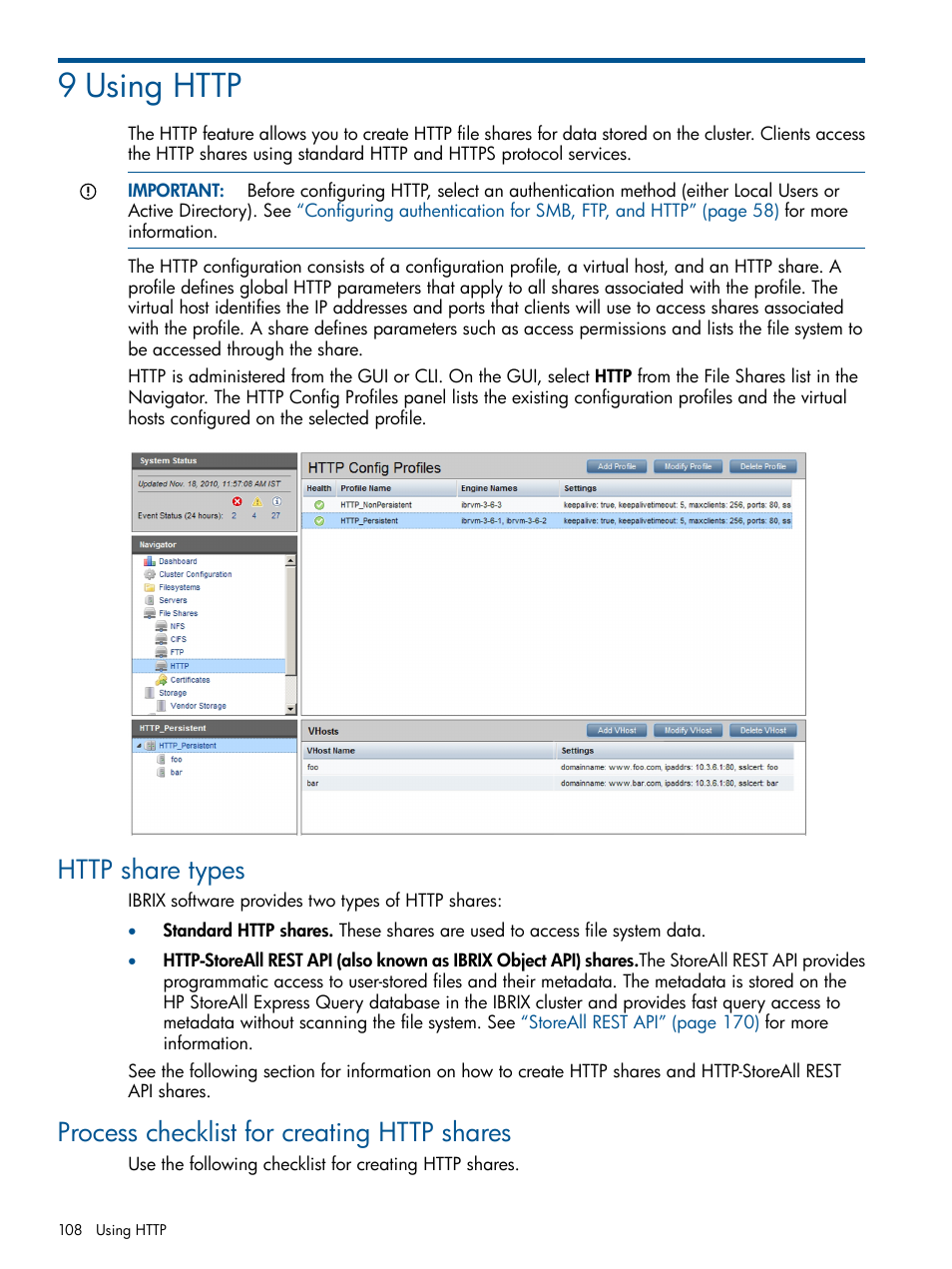 9 using http, Http share types, Process checklist for creating http shares | HP StoreAll Storage User Manual | Page 108 / 254