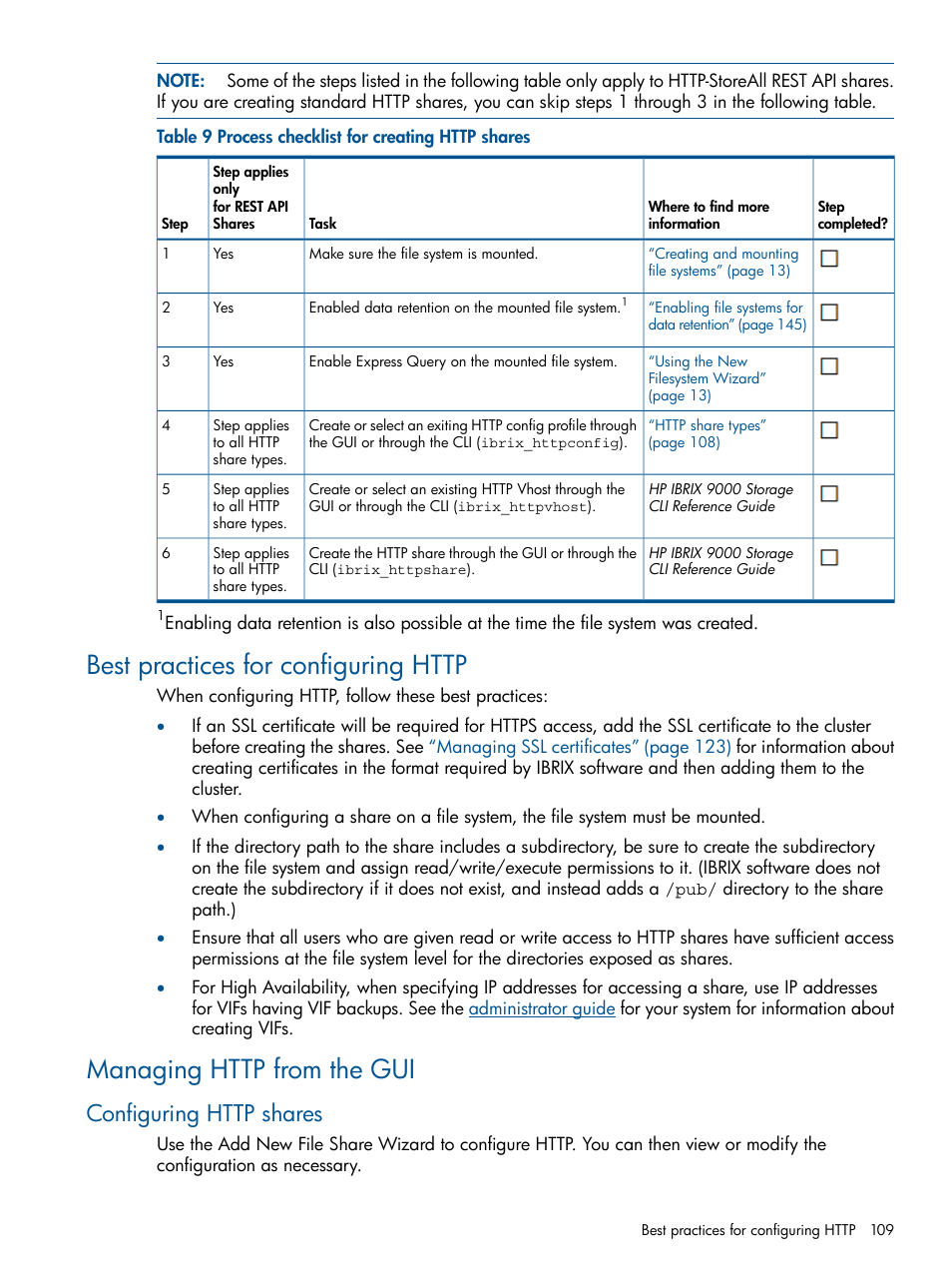 Best practices for configuring http, Managing http from the gui, Configuring http shares | HP StoreAll Storage User Manual | Page 109 / 254