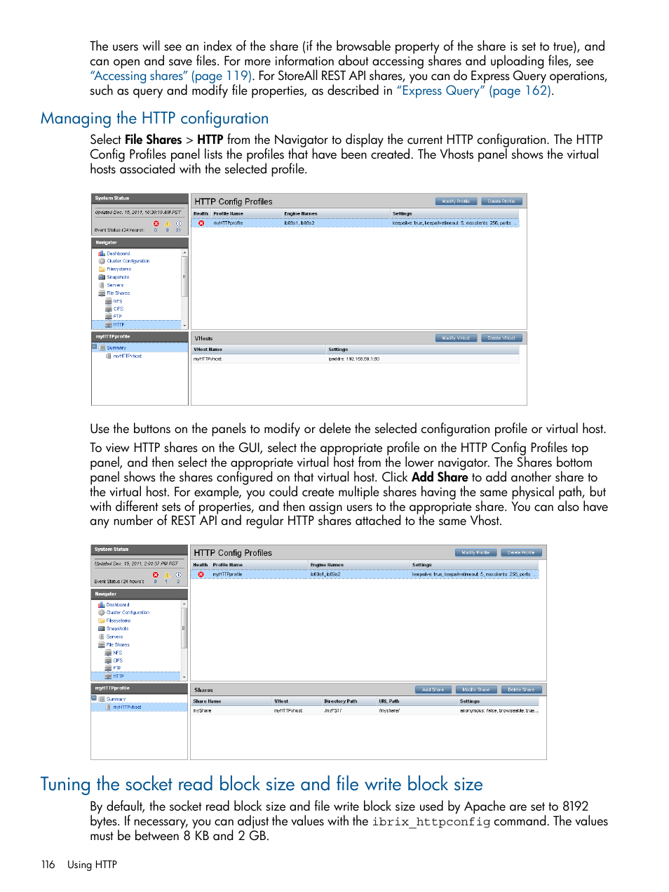 Managing the http configuration | HP StoreAll Storage User Manual | Page 116 / 254