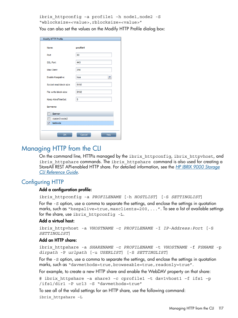 Managing http from the cli, Configuring http | HP StoreAll Storage User Manual | Page 117 / 254