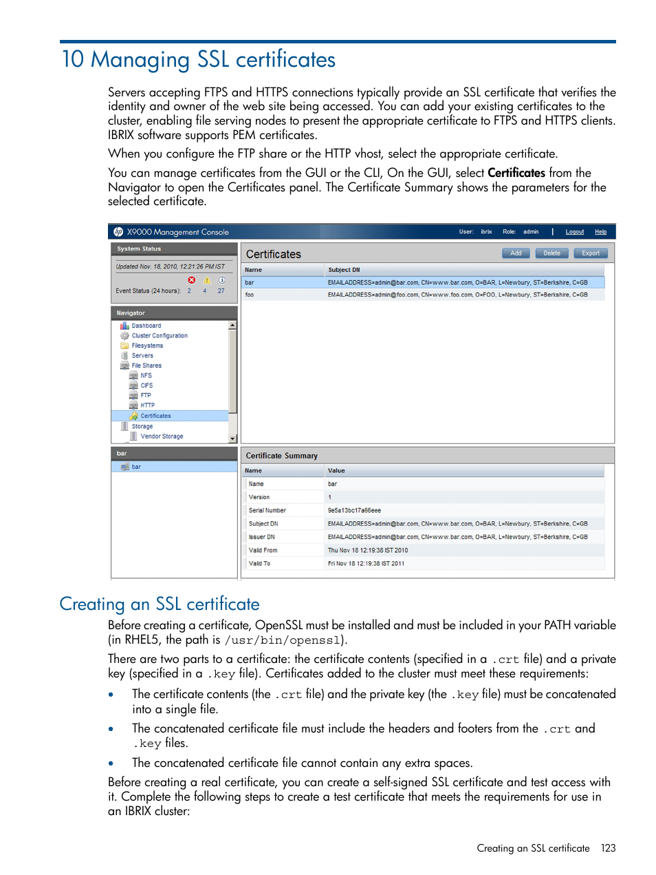 10 managing ssl certificates, Creating an ssl certificate | HP StoreAll Storage User Manual | Page 123 / 254