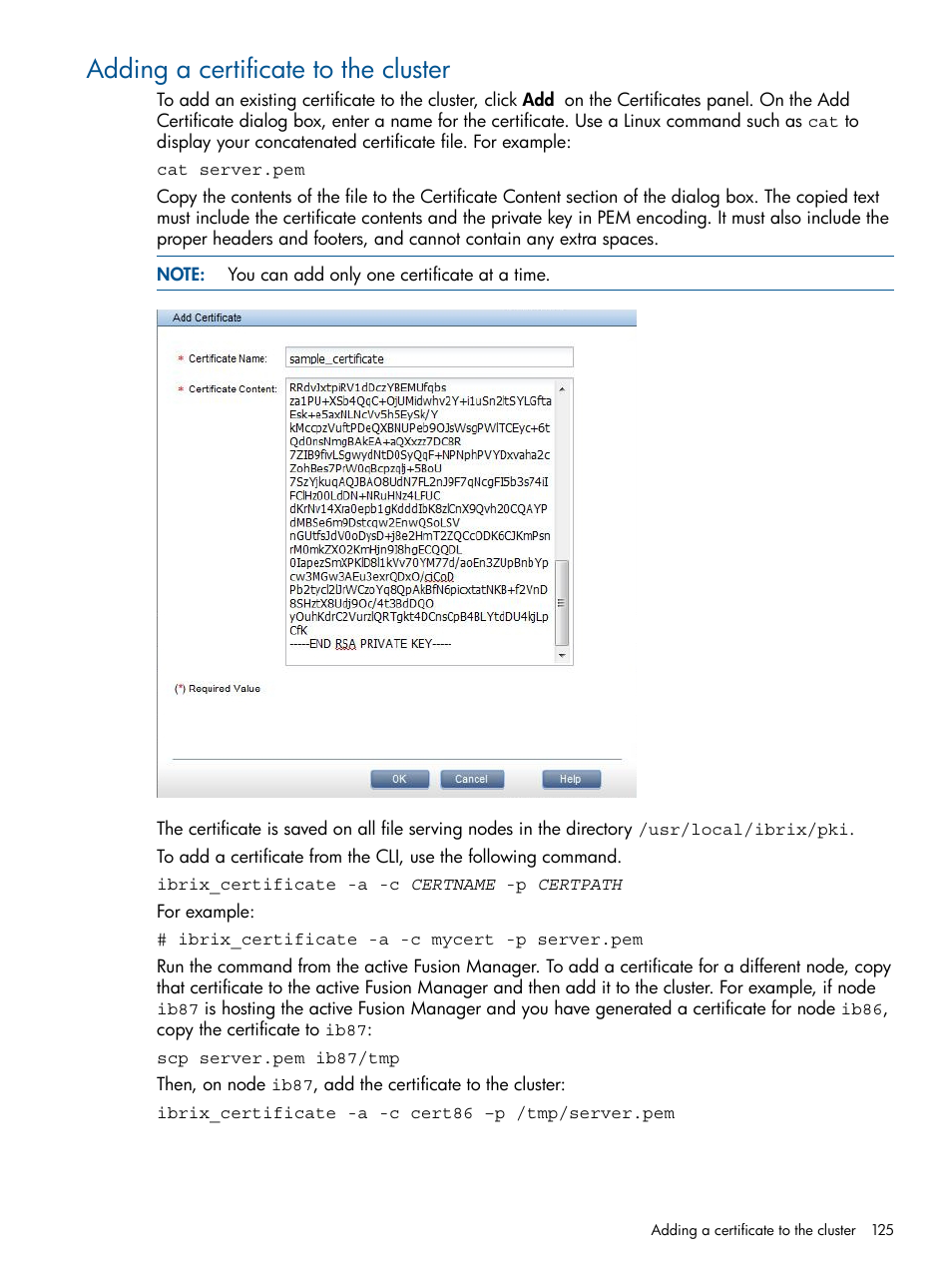 Adding a certificate to the cluster | HP StoreAll Storage User Manual | Page 125 / 254