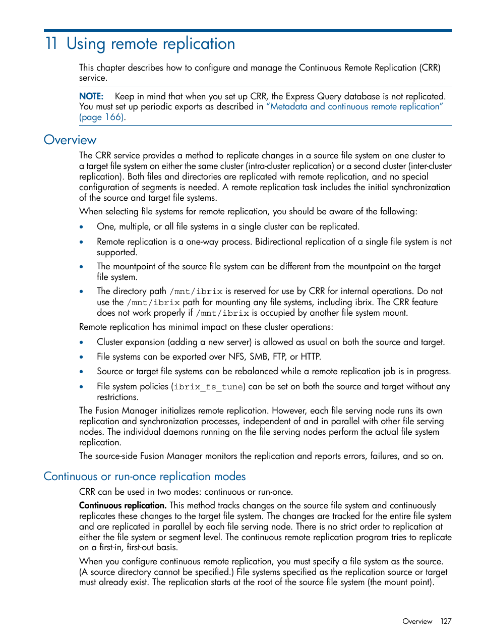 11 using remote replication, Overview, Continuous or run-once replication modes | Using | HP StoreAll Storage User Manual | Page 127 / 254