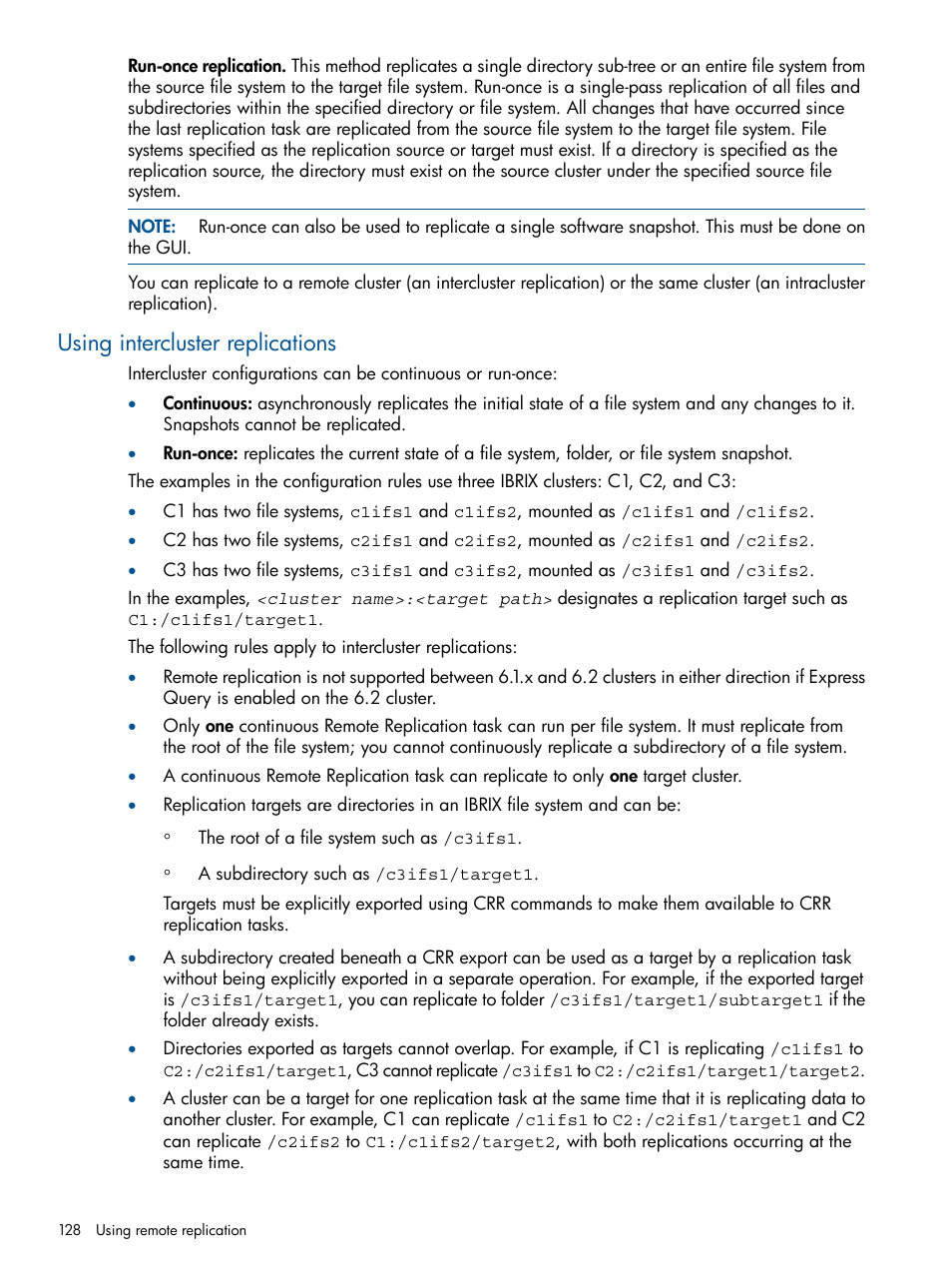 Using intercluster replications | HP StoreAll Storage User Manual | Page 128 / 254